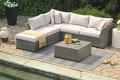 Signature Design by Ashley Outdoor Cherry Point 4 Piece Seating Set with Ottoman & Cocktail Table, Gray