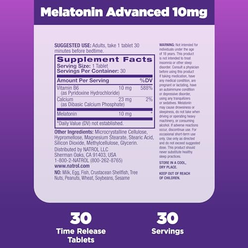 Natrol Melatonin Advanced Sleep Tablets with Vitamin B6, Helps You Fall Asleep Faster, Stay Asleep Longer, 2-Layer Controlled Release, 100% Drug-Free, Maximum Strength, 10mg, 30 Count