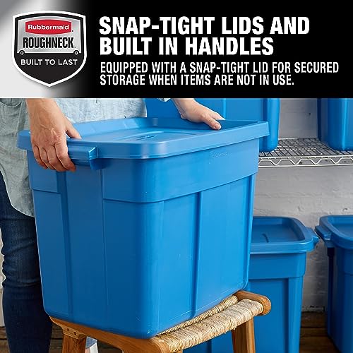 Rubbermaid Roughneck️ 18 Gallon Storage Totes, Pack of 6, Durable Stackable Storage Containers with Lids, Nestable Plastic Storage Bins for Heavy Tools, Sporting Equipment, Blankets, Heritage Blue
