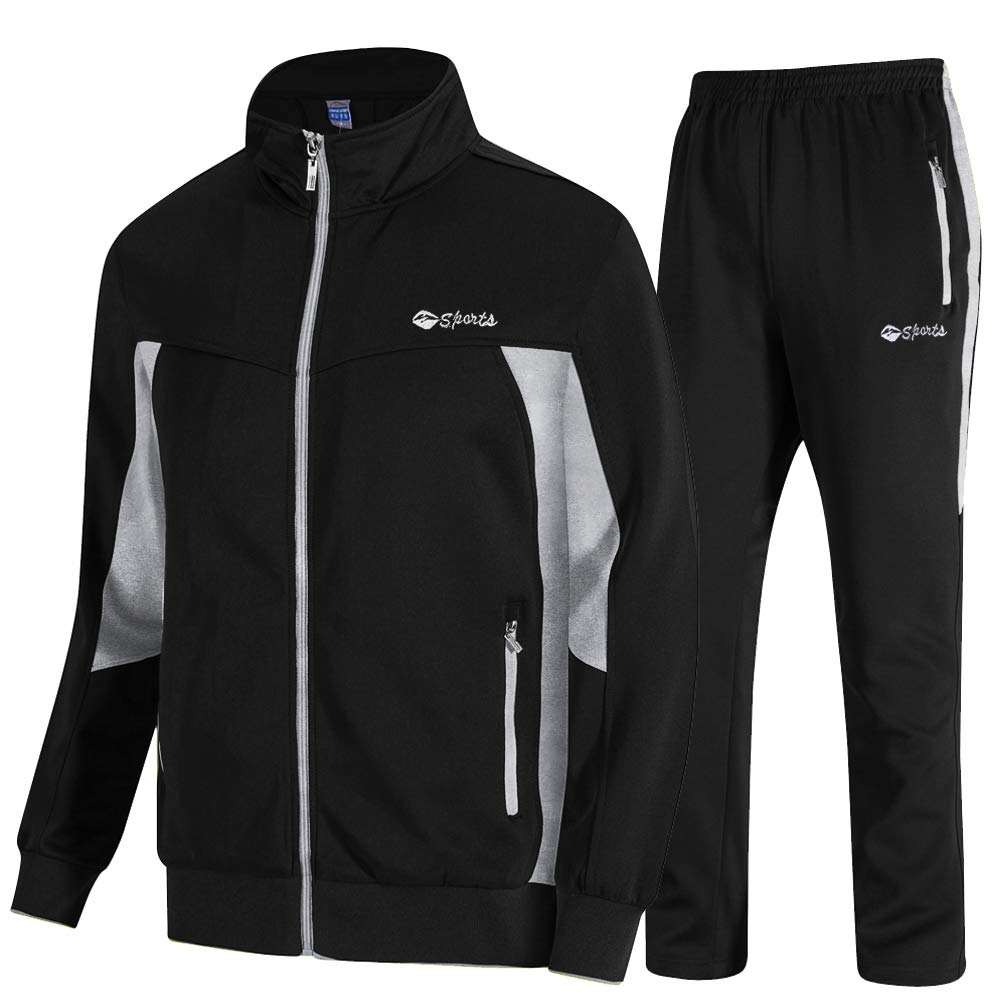 Gopune Men's Athletic Full Zip Fleece Tracksuit Jogging Sweatsuit Activewear (Black Lightgrey,M)