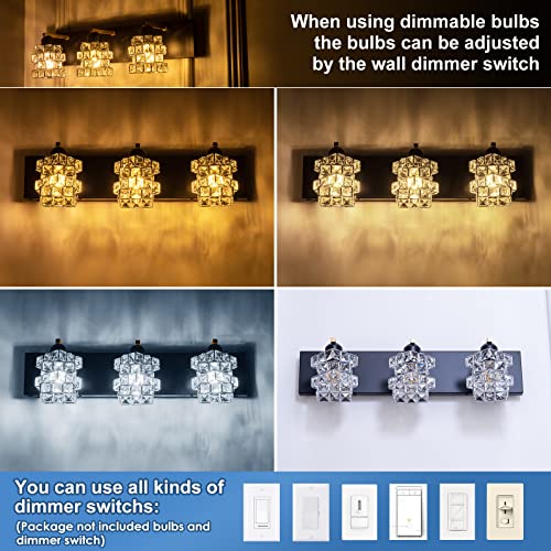 FLOURIM Vanity Light Fixture, Modern Crystal Bathroom Vanity Light Fixtures,Over Mirror 3 Lights Wall Sconcs, E26 Chrome Vanity Light Bathroom Wall Lighting