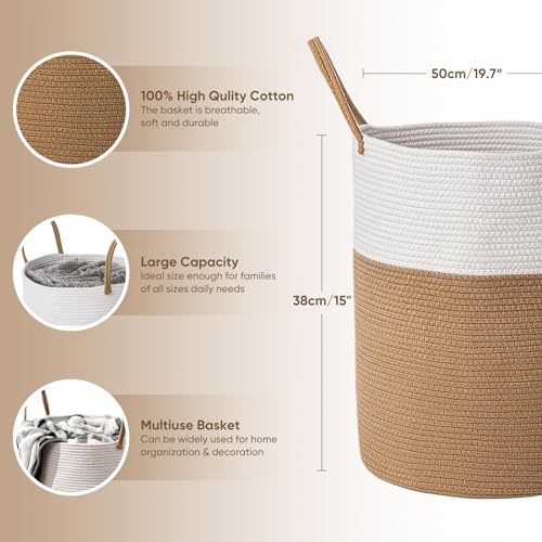 HoeTols 58L Woven Laundry Basket, Tall Rope Laundry Hamper, Dirty Clothes Hamper with Handles, Decorative Basket Blanket Storage for Living Room, Bedroom