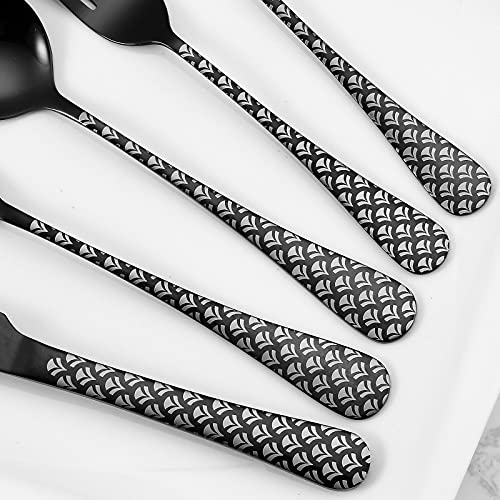 Black Silverware Set, YFBXG 20 Piece Black Sliverware Flatware Cutlery Set,Stainless Steel Black Utensil Set for 4,Knives and Forks and Spoons Sets With Patten Handle (Fan-shaped,Black)