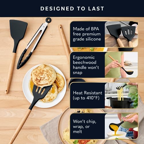 Home Hero 33 Pcs Silicone Kitchen Utensils Set, Non-Stick Silicone Cooking Utensils Set with Holder, Wooden Handle Spatula, Silicone Kitchen Gadgets Utensil Set (33 Pcs Set - Black)