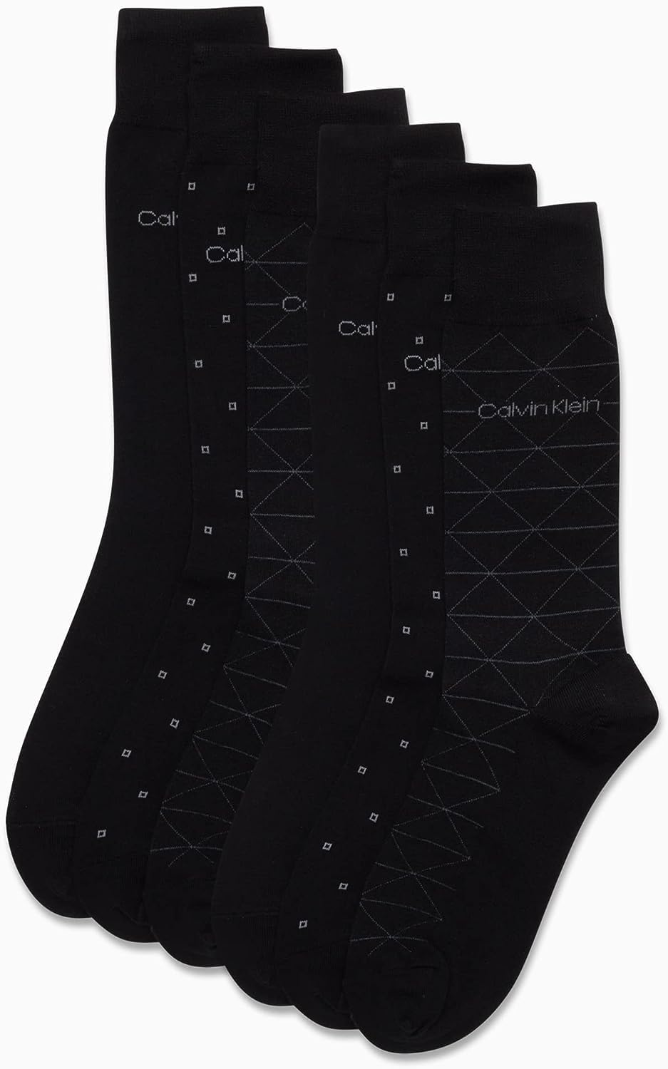 Calvin Klein Men's 6 Pack Mixed Pattern Dress Socks, Size 4-12, Black Assorted