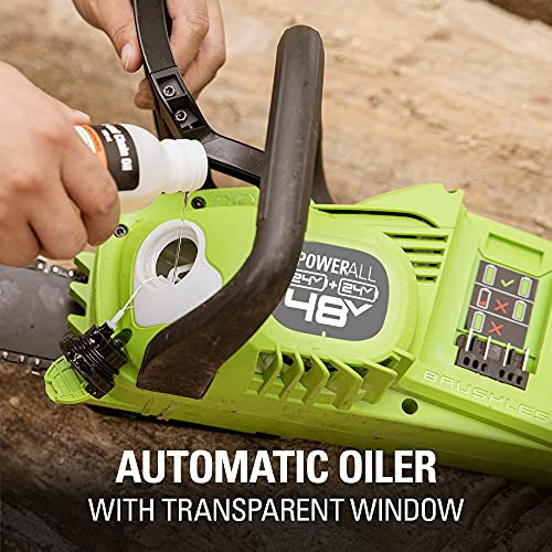 Greenworks 2 x 24V (48V) 16" Brushless Cordless Chainsaw (Great For Tree Felling, Limbing, Pruning, and Firewood / 125+ Compatible Tools), (2) 4.0Ah Batteries and Dual Port Rapid Charger Included