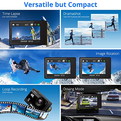 Dragon Touch 4K Action Camera 20MP Vision 3 Underwater Waterproof Camera 170° Wide Angle WiFi Sports Cam with Remote 2 Batteries and Mounting Accessories Kit