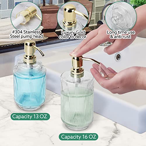 Bathroom Accessory Set,5 PCS Modern Premium Clear Glass Bath Accessories,Set of 2 Lotion Soap Dispensers,Toothbrush Holder,Qtip Holder & Acacia Wooden Tray,Gift for Home Decor & Countertop Organizer
