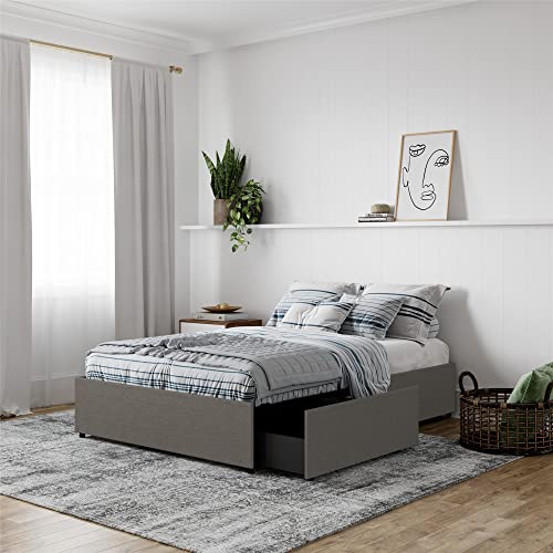 DHP Maven Upholstered Platform Bed for Raised Mattress Support with Underbed Storage Drawers, No Box Spring Needed, Queen, Gray Linen