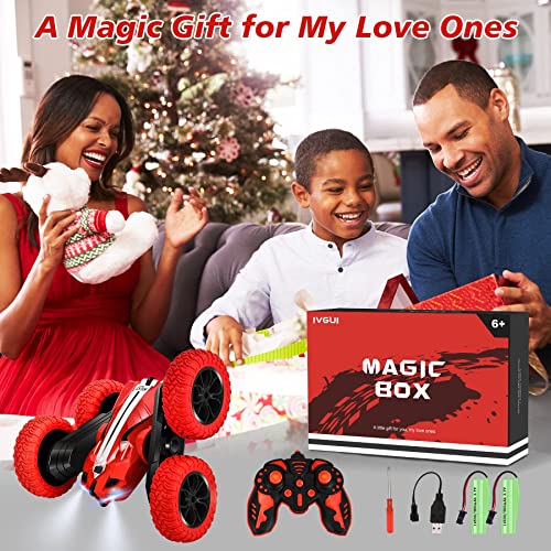 IVGUI Kids Remote Control Car for Boys, Indoor & Outdoor RC Cars Toys, Double-Sided Flip & 360° Rotating RC Car, 4WD 2.4Ghz RC Stunt Car with Headlights, 2 Rechargeable Batteries, Red