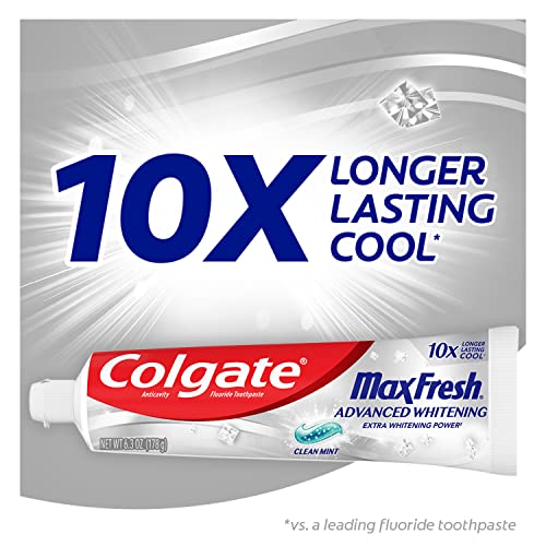 Colgate Max Fresh Toothpaste, Advanced Whitening Toothpaste with Mini Breath Strips, Clean Mint Toothpaste for Bad Breath, Helps Fight Cavities, Whitens Teeth, and Freshens Breath, 6.3 Oz Tube