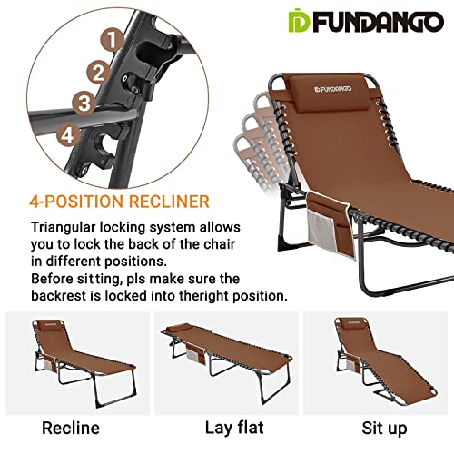 FUNDANGO Folding Outdoor Chaise Lounge Chair, 5-Position Adjustable Lounge Chair for Lawn, Patio, Beach, Sunbathing, Deck, Portable Heavy-Duty Camping Reclining Chair with Pillow, Khaki