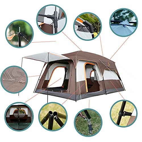 KTT Extra Large Tent 10-12 Person(B), Cabin Tents with 2 Rooms, Straight Wall, 3 Doors and 3 Windows with Mesh, Waterproof, Double Layer - Big for Outdoor Camping, Picnic, Family Gathering (Brown).