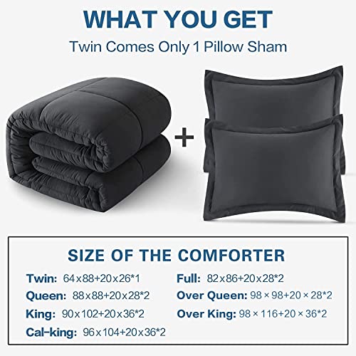 BEDHOURS Queen Comforter Set-3 Pieces Down Alternative Queen Size-All Season Reversible Comforter with 2 Pillow Shams-Corner Tabs Machine Washable (Dark Grey Queen)