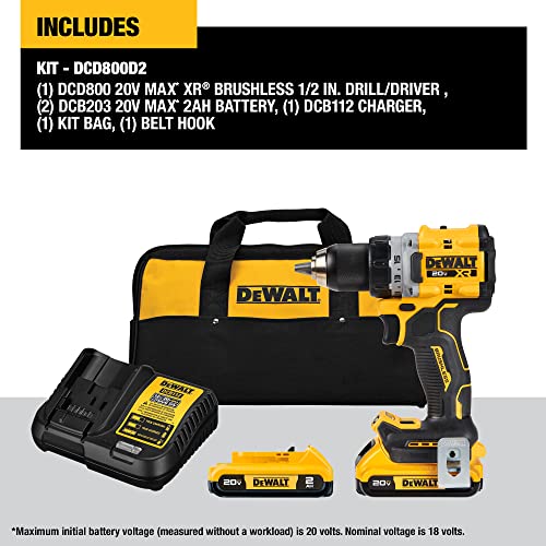 DEWALT 20V MAX* XR® Brushless Cordless 1/2 in. Drill/Driver Kit (DCD800D2), Yellow