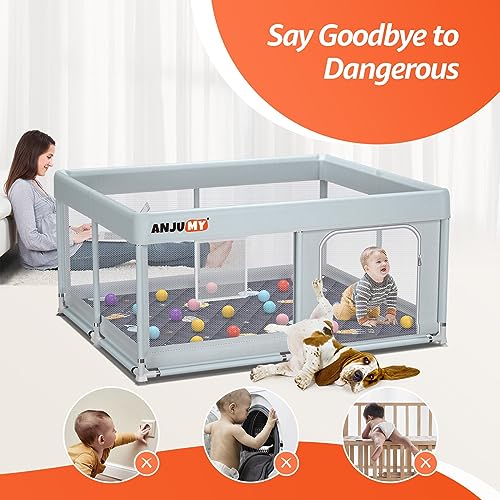 ANJUMY Baby Playpen with Mat Included 50x50 playpen for Babies and Toddlers,Indoor & Outdoor Activity Center,Kids Playpen with Gate,Safety Baby Fence Play Area with 50pcs Ocean Balls,Breathable Mesh