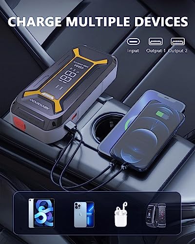 NEOQOQO Car Jump Starter, 4500A Peak Battery Jumper Starter Portable(10L Gas & 8L Diesel Engine), 12V Car Jumper Battery Pack with Smart Jumper Cables, Quick Charge, 3”Large Display, LED Light
