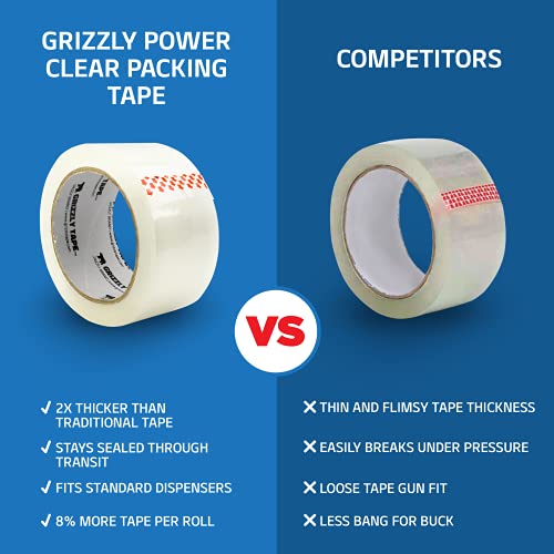 Grizzly Power Clear Packing Tape Refill Rolls for Shipping, Moving, Packaging - True 2 Inch x 65 Yards, 2.8mil Thick, 12 Rolls
