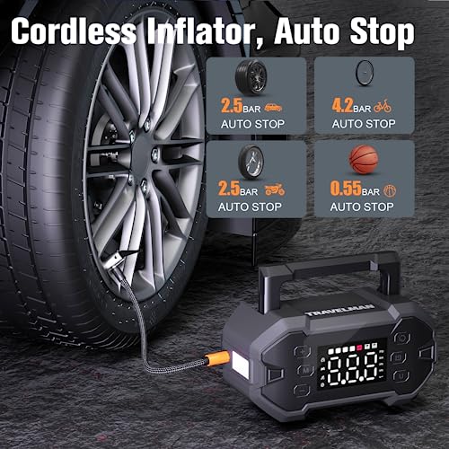 TRAVELMAN T1 Jump Starter with Air Compressor, 150PSI 2000A Car Battery Starter (8.0L Gas/6.5L Diesel) with Digital Tire Inflator, 12V Lithium Battery Booster Jump Box Pack Air Pump