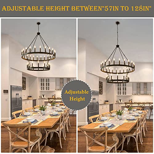 48 Inch Black Wagon Wheel Chandelier,2 Tier 36-Lights Extra Large Round Farmhouse Pendant Light Fixture Rustic Hanging Lighting outdoor modern wheel chandelier for porch, high Ceilings Dining Room