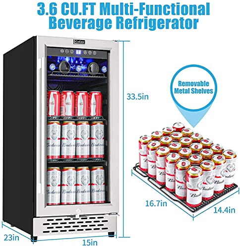 COLZER 15 inch Beverage Refrigerator with Glass Door 126 Cans Mini Beverage Cooler Under Counter Freestanding Built in Centre Garage Fridge with Lock for Drink Beer Soda Wine Water