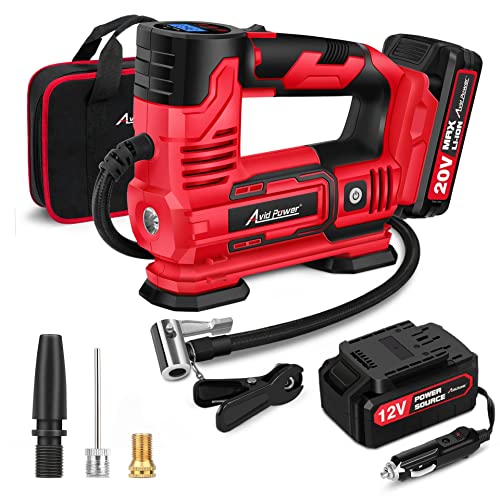 AVID POWER Tire Inflator Portable Air Compressor, 20V Cordless Car Tire Pump w/Rechargeable Li-ion Battery, 12V Car Power Adapter, Digital Pressure Gauge, 150PSI Tire Compressor for Many Inflatables