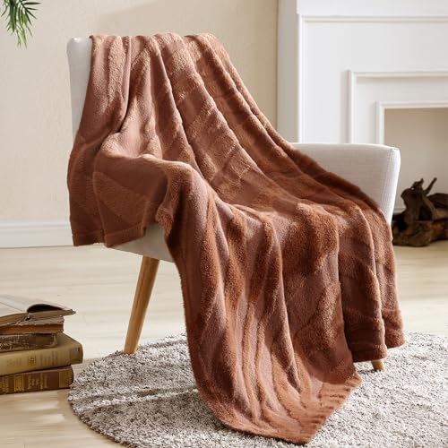 Snuggle Sac Luxury Faux Fur Fuzzy Throw Blanket Knitted Feather Yarn Faux Mink Super Soft Fluffy Lightweight Cozy Decor Blankets with Sahara Textured for Home Bed Couch 50'' x 60" Rust Orange