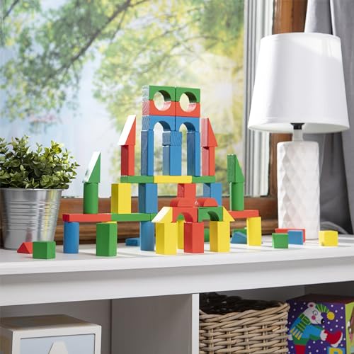 Melissa & Doug Wooden Building Set - 100 Blocks in 4 Colors and 9 Shapes