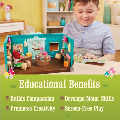 Lil Woodzeez - Toy Figures Playset – General Store Playhouse – Stackable – Mini Furniture & Play Food – Storybook & posable figures Included – 3 Years +