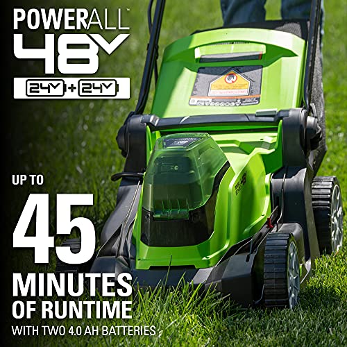 Greenworks 48V 17" Brushless Cordless Lawn Mower + 24V Brushless Drill / Driver, (2) 4.0Ah USB Batteries (USB Hub) and Dual Port Rapid Charger Included (2 x 24V)
