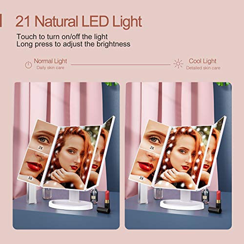 Makeup Mirror Vanity Mirror with Lights, 2X 3X 10X Magnification, Lighted Makeup Mirror, Touch Control, Trifold Makeup Mirror, Dual Power Supply, Portable LED Makeup Mirror, Women Gift (White+10X)