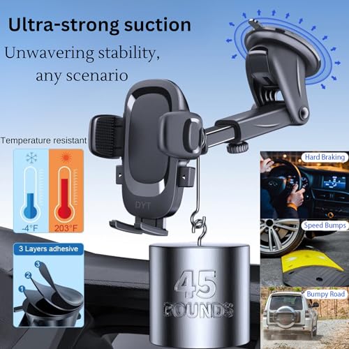 DYT Dashboard & Windshield Universal Car Mount Phone Holder, Compatible with iPhone, Samsung, Google, and More (Black)