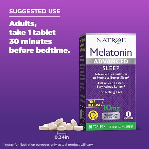 Natrol Melatonin Advanced Sleep Tablets with Vitamin B6, Helps You Fall Asleep Faster, Stay Asleep Longer, 2-Layer Controlled Release, 100% Drug-Free, Maximum Strength, 10mg, 30 Count