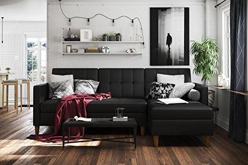 DHP Hartford Storage Sectional Futon with Interchangeable Chaise, Space-saving Design with Multi-position Back, Wooden Legs, Black Faux Leather