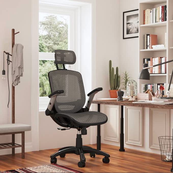 GABRYLLY Ergonomic Mesh Office Chair, High Back Desk Chair - Adjustable Headrest with Flip-Up Arms, Tilt Function, Lumbar Support and PU Wheels, Swivel Computer Task Chair, Grey