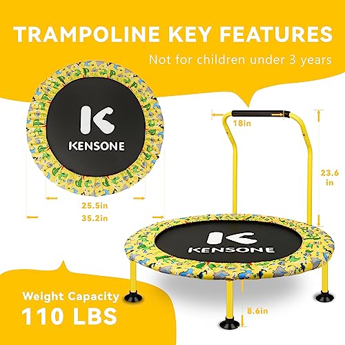 KENSONE 36" Mini Trampoline for Kids, Indoor Small Recreational Trampoline for Toddlers with Bungees, Foam Handle, Leg Suction Cups and Safety Bins, Yellow