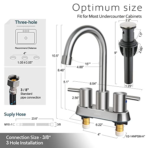 SOKA Commercial Bathroom Faucet 3 Hole Brushed Nickle Bathroom Sink Faucet with Pop-Up Drain Deck Plate for 3 Hole, 2 Handles 4 Inch Sink Lavatory Faucets with 360° Swivel