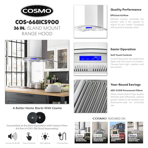 COSMO 668ICS900 36 in. Island Range Hood with 380 CFM, 3 Speeds, Ducted, Permanent Filters, Soft Touch Controls, LED Lights, Curved Glass Hood in Stainless Steel