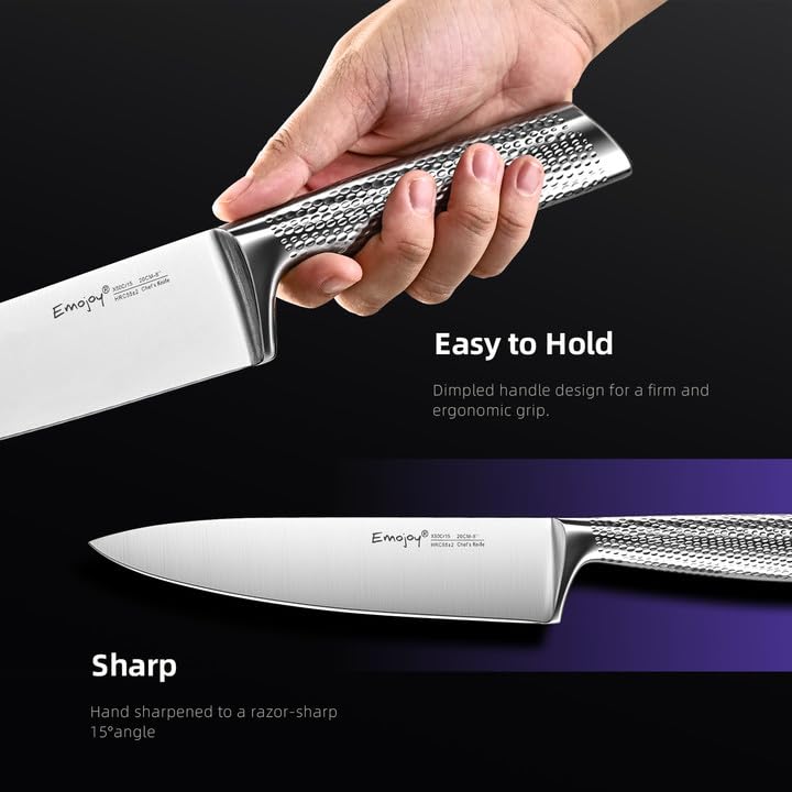 Knife Set, Emojoy 16-Piece Kitchen Knife Set with Block Wooden Carving Fork, Ripple German Stainless Steel Knife Block Set, Hollow Handle for Chef Knife Set with Sharpener and Scissors
