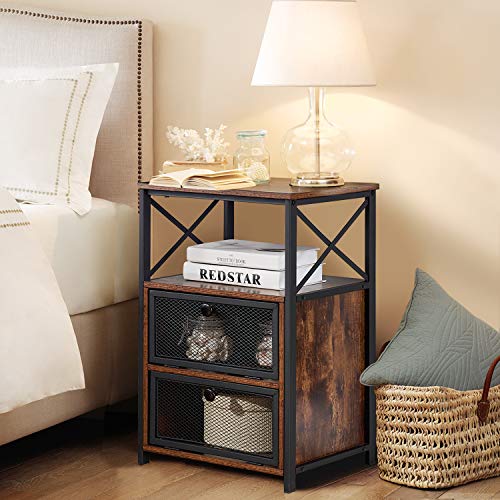 VECELO Nightstand Set of 2, End Table with Flip Drawer, Modern Night Stand for Bedroom, Living Room, Office, Easy Assembly, Retro Brown
