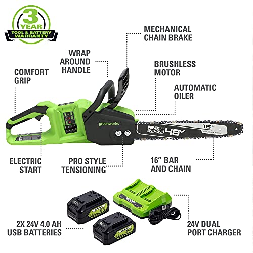 Greenworks 2 x 24V (48V) 16" Brushless Cordless Chainsaw (Great For Tree Felling, Limbing, Pruning, and Firewood / 125+ Compatible Tools), (2) 4.0Ah Batteries and Dual Port Rapid Charger Included