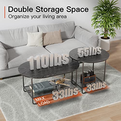 Amada Coffee Table Set, 2-Tier Center Table with Open Shelf and Metal Frame, Modern Round Coffee Table for Living Room, Set of 2, AMCT2B