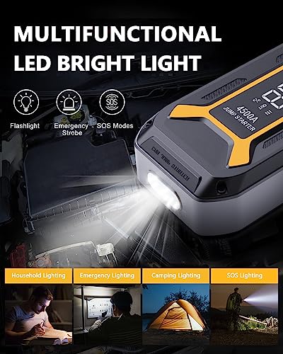 NEOQOQO Car Jump Starter, 4500A Peak Battery Jumper Starter Portable(10L Gas & 8L Diesel Engine), 12V Car Jumper Battery Pack with Smart Jumper Cables, Quick Charge, 3”Large Display, LED Light