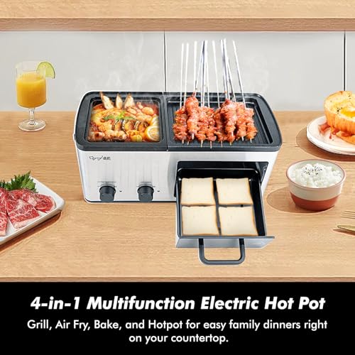 4 in 1 Breakfast Maker Station with Indoor Grill/Griddle/Toast Drawer/Frying Basket, Removable Nonstick Plates, Dual Temperature Control, Silver