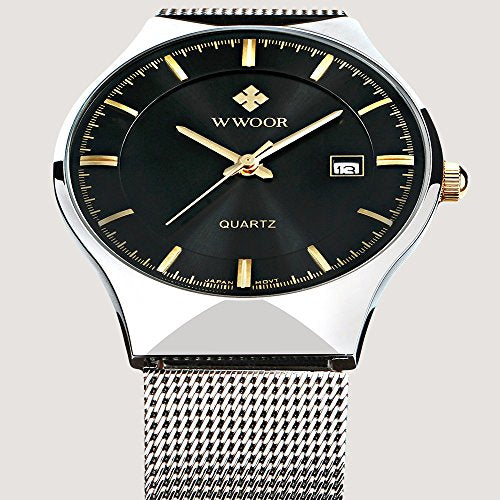 MASTOP Men Watch Ultra Thin Watches Stainless Steel Mesh Band Quartz Wristwatch Fashion Date Waterproof Watches (Black Silver)