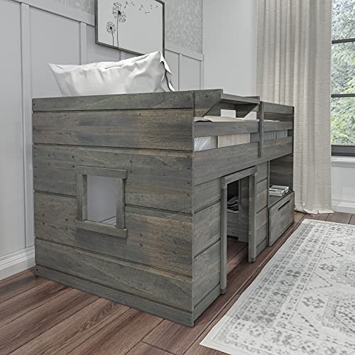 Max & Lily Modern Farmhouse Low Loft Bed, Twin Bed Frame for Kids with 1 Drawer, Driftwood