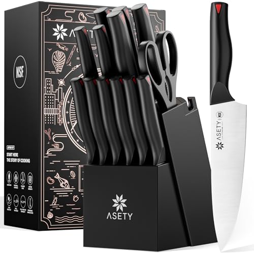 ASETY Knife Set, 15 PCS Kitchen knife Set with Bulti-in Sharpener Block, High Carbon Stainless Steel Knife Block Set, NSF Food Safe, Dishwasher Safe Knife Sets for Kitchen, Black, Gift Box