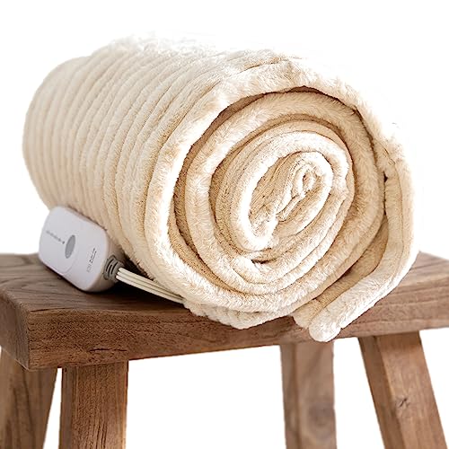 GOTCOZY Electric Blanket Heated Throw 50''X60''- Ribbed Faux Fur Heated Blanket with 5 Heating Level & 3 Hour Auto Off Heating Blanket, ETL&FCC Certified Machine Washable(Eggnog)