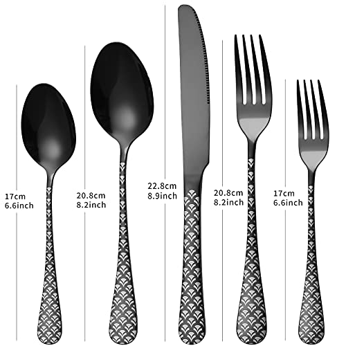 Black Silverware Set, YFBXG 20 Piece Black Sliverware Flatware Cutlery Set,Stainless Steel Black Utensil Set for 4,Knives and Forks and Spoons Sets With Patten Handle (Fan-shaped,Black)