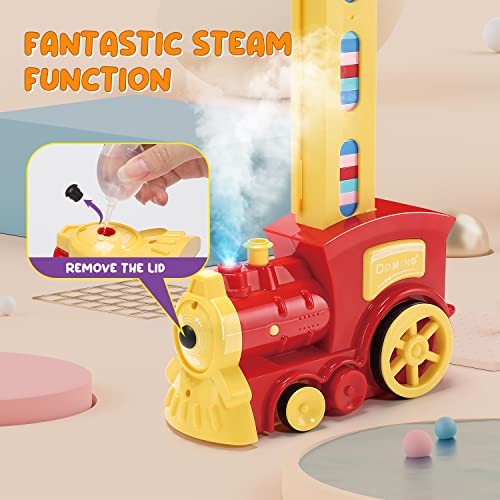 Skirfy Dominoes Train Set- 160PCS Domino Blocks Set Automatically Run with Real Steam Function,Toys with Lights and Sound,Creative Toys for Kids Aged 4-8 with Storage Bag, Gifts for Kids